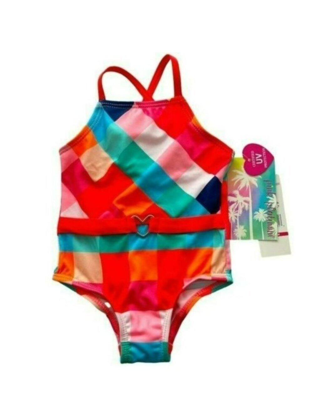 Pink Platinum Baby One Piece Checkerboard Belted Swimsuit Sz 12 months New